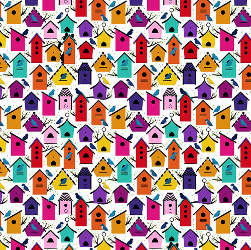 In the Beginning Fabrics Flock Together by Jason Yenter Bird Houses Black Red Blue Yellow Green