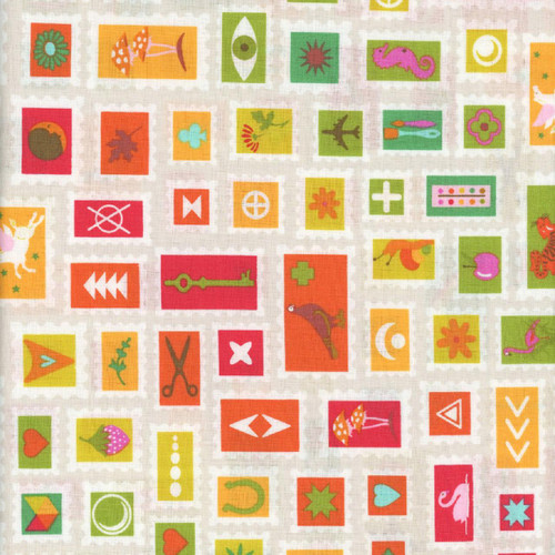 Andover Fabrics Color Wheel by Alison Glass Cream Motif Stamps, a colorful fabric design featuring a variety of small, vibrant motifs including animals, symbols, and geometric shapes on a cream background.