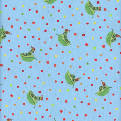 Andover Fabrics The Very Hungry Caterpillar Snack Time Blue Caterpillar on Leaves, colorful fabric design featuring blue background with red, yellow, green, and orange polka dots and illustrations of green caterpillars on leaves.