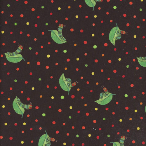Andover Fabrics The Very Hungry Caterpillar Snack Time Black Caterpillar on Leaves fabric, featuring colorful caterpillars with red heads and green bodies resting on green leaves, surrounded by red, yellow, green, and orange dots on a black background.