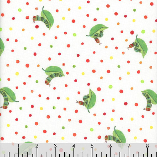 Andover Fabrics The Very Hungry Caterpillar Snack Time Cream Caterpillar on Leaves, fabric with colorful caterpillars and polka dots pattern.