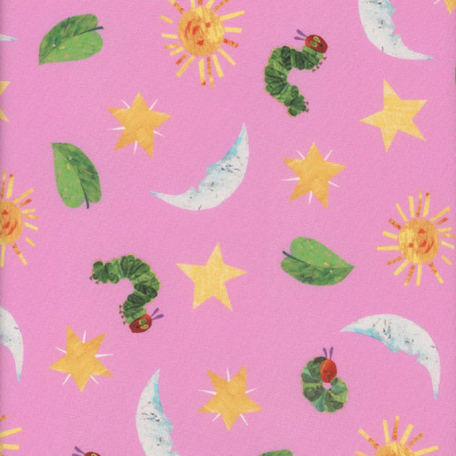 Andover Fabrics The Very Hungry Caterpillar Snack Time Pink Caterpillar Stars Moons, fabric pattern featuring pink background with illustrations of caterpillars, stars, moons, leaves, suns, and whimsical designs.