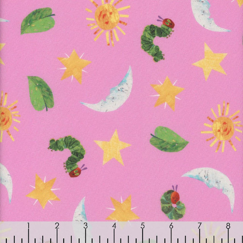 Andover Fabrics The Very Hungry Caterpillar Snack Time Pink Caterpillar Stars Moons, fabric pattern featuring green caterpillars, yellow stars, white moons, green leaves, a cheerful sun, and scattered clouds on pink background.