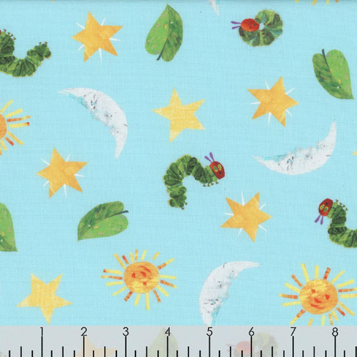 Andover Fabrics The Very Hungry Caterpillar Snack Time Light Blue Caterpillar Stars Moons, fabric pattern featuring green caterpillars, yellow stars, white moons, and sun illustrations on a light blue background.