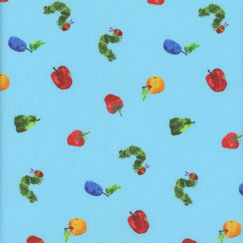 Andover Fabrics The Very Hungry Caterpillar Snack Time Light Blue Caterpillar Fruits Vegetables, light blue fabric with colorful caterpillar, apple, pear, strawberry, lemon, and leaf patterns.