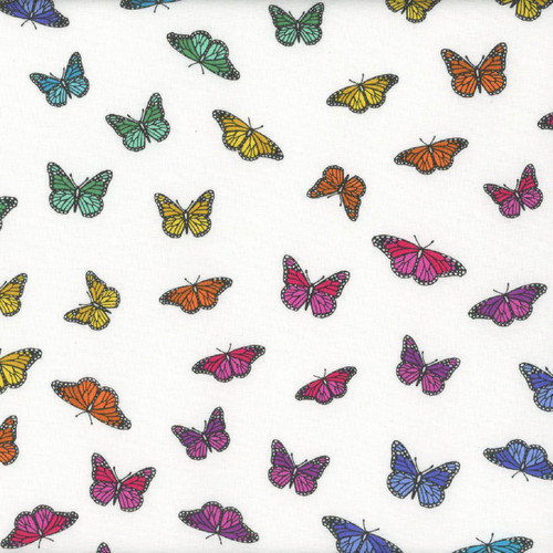 Andover Fabrics Color Wheel by Alison Glass Cream Rainbow Butterflies, colorful butterflies on white background.