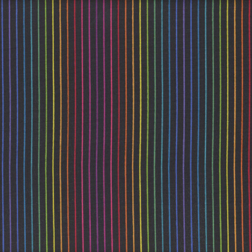 Andover Fabrics Color Wheel by Alison Glass Black Rainbow Pinstripe, a fabric with multicolored thin vertical stripes on a black background.