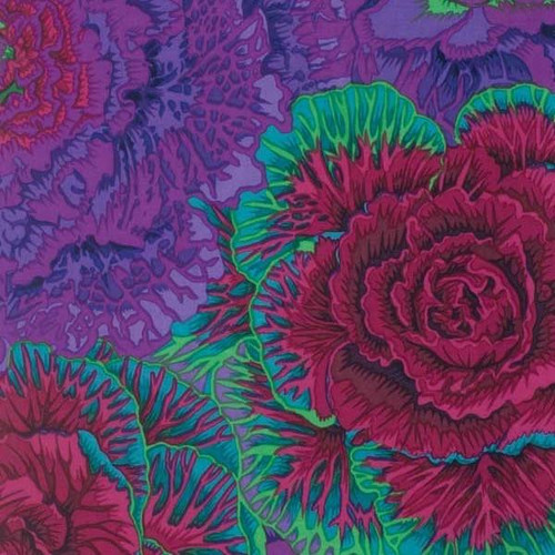 Free Spirit Fabrics Kaffe Fassett 2015 Collective Phillip Jacobs Purple Brassica, colorful floral fabric design with detailed roses and green leaves.