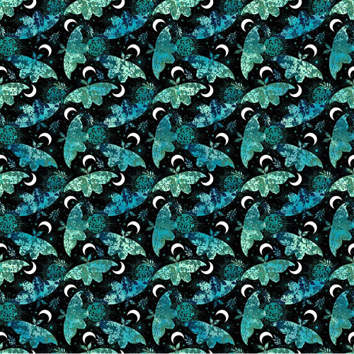 In the Beginning Fabrics La Luna Jason Yenter Teal Blue Moths and Moons, fabric pattern featuring teal and blue moths, crescent moons, and celestial designs on a black background.