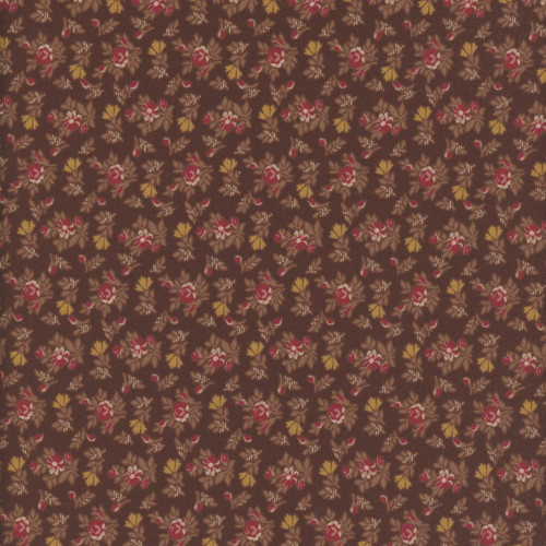 Marcus Fabrics Arabella Carrie Quinn Brown Small Floral, a fabric with a small floral pattern featuring red, pink, yellow, and beige flowers on a brown background.