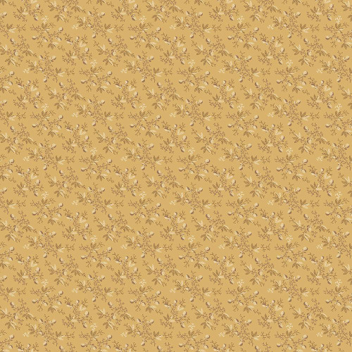 Marcus Fabrics Arabella Carrie Quinn Gold Mini Trellis, a gold fabric with a delicate white and brown trellis floral pattern.