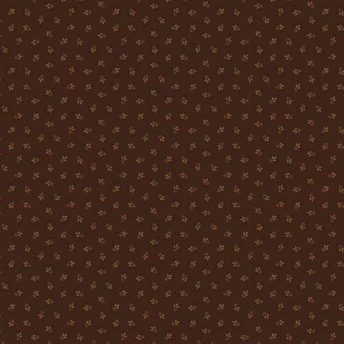 Marcus Fabrics Arabella Carrie Quinn Brown Tiny Tri-Leaf, fabric with small, light brown tri-leaf patterns on a dark brown background.