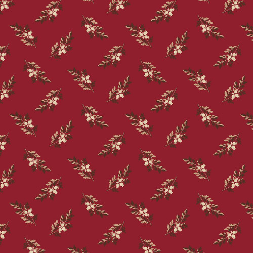 Marcus Fabrics Arabella Carrie Quinn Red Sprig, fabric pattern featuring white sprigs with beige leaves on a deep red background.
