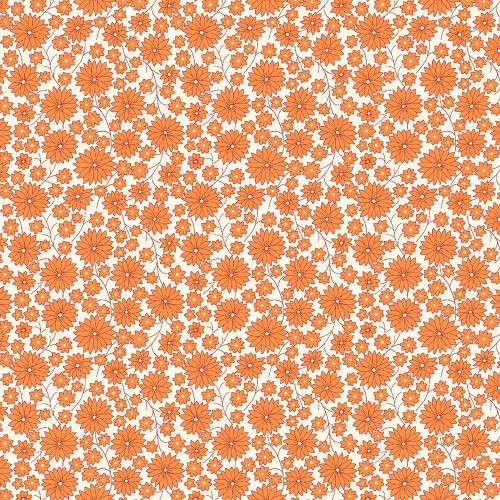 Marcus Fabrics Aunt Grace Goes Scrappy Judie Rothermel Orange Garden, a vibrant floral fabric pattern with orange flowers of varying sizes on a cream background.