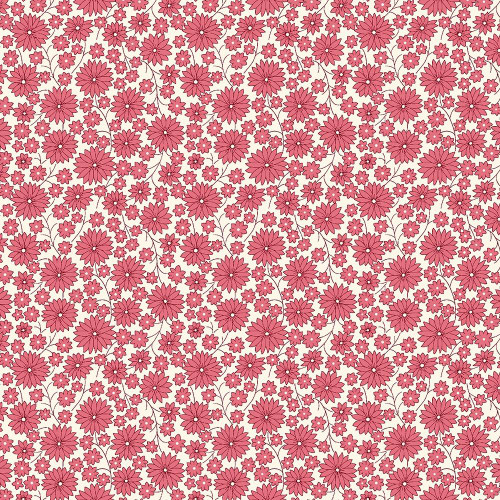 Marcus Fabrics Aunt Grace Goes Scrappy Judie Rothermel Pink Garden, pink floral fabric pattern with various pink flowers and vines on a light background.