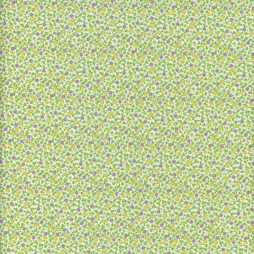 Marcus Fabrics Aunt Grace Goes Scrappy Judie Rothermel Green Ditsy Calico, a quilt fabric with small green leaves, purple flowers, and yellow accents on a light background.