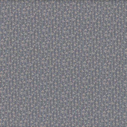 Marcus Fabrics Franklin House Dolores Smith Blue Vine, a fabric with a fine, intricate pattern of white vines and small flowers on a blue background.