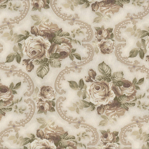 Marcus Fabrics Lavender & Lace Dawn Heese Cream Rose Medallion fabric, floral pattern with roses and lace design in soft pastel shades.