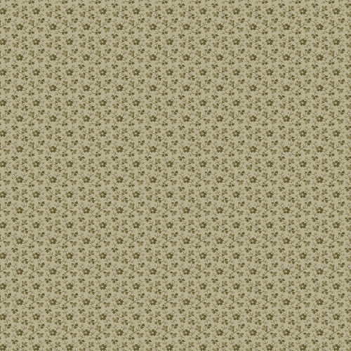 Marcus Fabrics Lavender & Lace Dawn Heese Sage Ditsy, a fabric with a small floral pattern of green and beige flowers and leaves on a beige background.