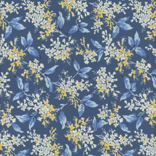 Marcus Fabrics Middleboro Road Suzi Smith Navy Floral Branches, fabric featuring a navy background with yellow, white, and light blue floral and branch patterns.