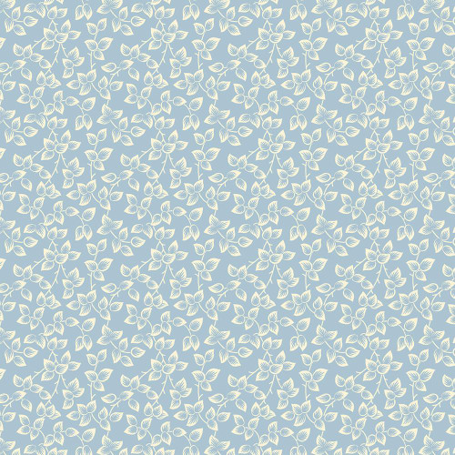 Marcus Fabrics Middleboro Road Suzi Smith Sky Leaves, fabric with a blue background and white leaf pattern.