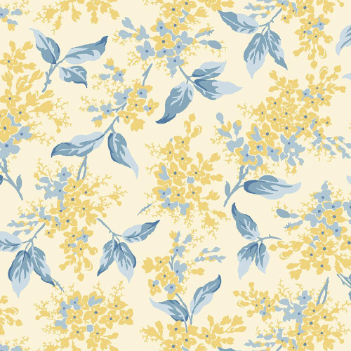 Marcus Fabrics Middleboro Road Suzi Smith Cream Floral Branches, 108 inch wide quilt back with a cream background featuring yellow and blue floral branches and leaves in a patterned design.