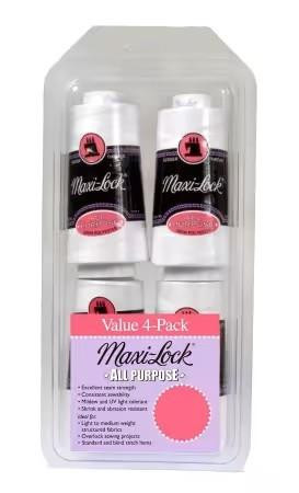 Maxi-Lock All Purpose Thread Set 4pk White, clear plastic container with four white spools of thread labeled Maxi-Lock.
