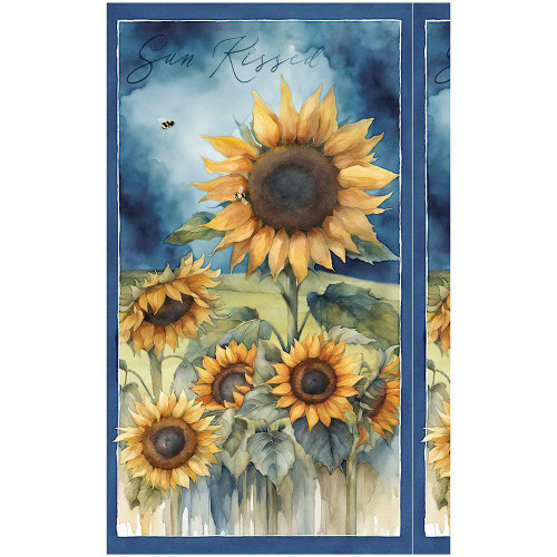 Wilmington Prints Sunkissed Nancy Mink Sunflower Panel Blue Yellow Green, a watercolor-style fabric panel featuring vibrant yellow sunflowers with green leaves against a blue sky background.