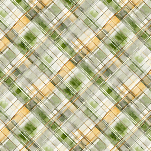 Wilmington Prints Sunkissed Nancy Mink Green Yellow Watercolor Plaid, an image of a colorful watercolor plaid fabric with shades of green, yellow, and white in a crisscross pattern.