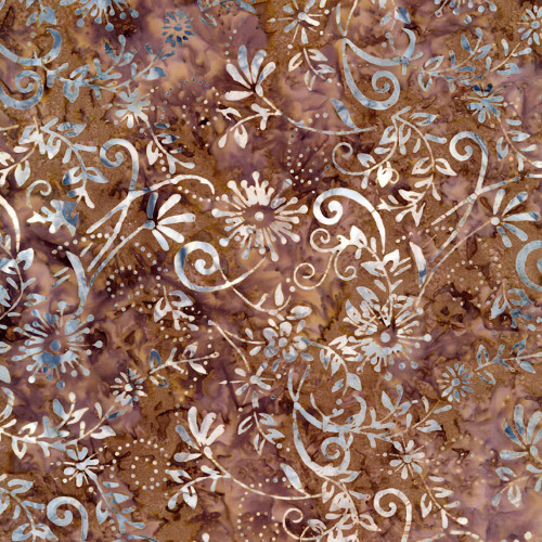 Timeless Treasures Fabrics Tonga Batiks Juniper Fawn Brown Floral and Swirl, fabric with a floral and swirl pattern in brown, beige, and light blue hues.