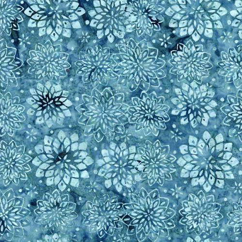 Timeless Treasures Fabrics Tonga Batiks Juniper Lake Blue Star Flowers, blue batik fabric with white floral star patterns.