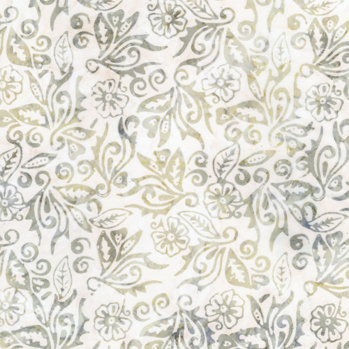Timeless Treasures Fabrics Tonga Batiks Juniper Sprout Cream Grey Stamped Leaves Flowers