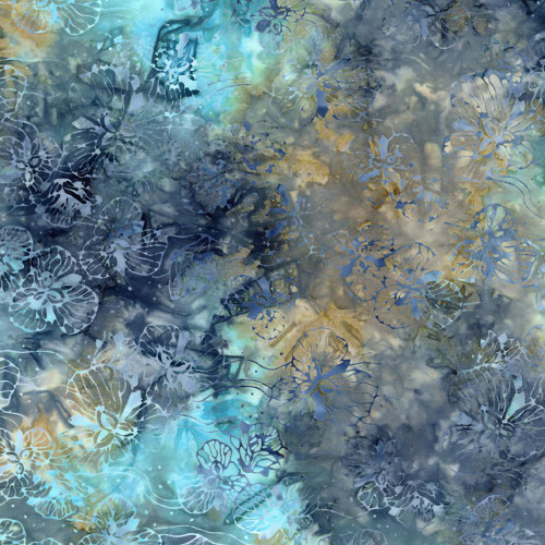 Timeless Treasures Fabrics Tonga Batiks Juniper, Juniper Blue Tropical Flowers fabric with a multicolored abstract background and blue floral patterns.