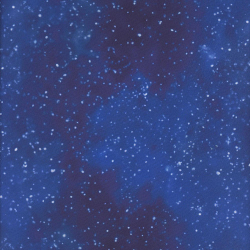 Timeless Treasures Fabrics All Is Calm Stars in the Night Sky Night, fabric with a dark blue background and scattered white star pattern resembling a starry night sky.