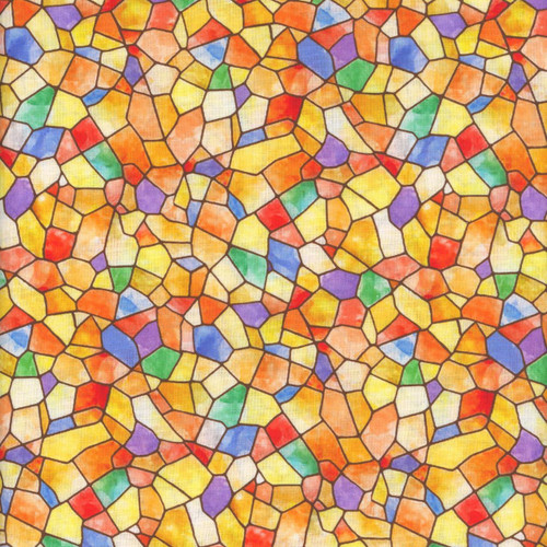 Timeless Treasures Fabrics All Is Calm Stained Glass Tiles Multi, a colorful mosaic pattern with various shades of orange, yellow, blue, purple, green, and red in stained glass tile design.
