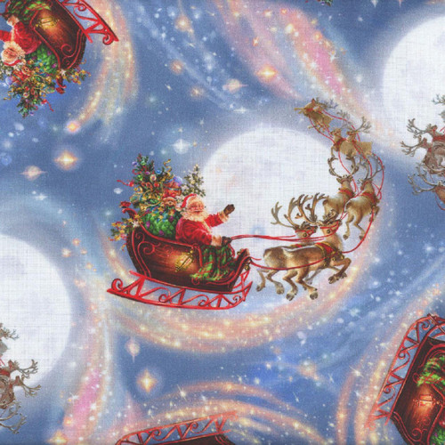 Timeless Treasures Fabrics Christmas Eve Dona Gelsinger Santa Flying in Sleighs Multi, festive Christmas aerial scene featuring Santa Claus in his sleigh pulled by reindeer against a magical starry sky with swirling galaxy patterns.