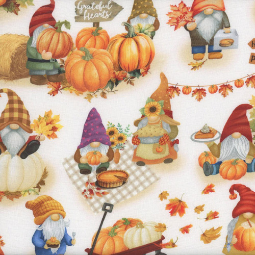 Timeless Treasures Fabrics Fall Festival Fall Harvest Gnomes Autumn, fabric pattern featuring cute gnomes, pumpkins, gourds, colorful autumn leaves, and festive fall elements.