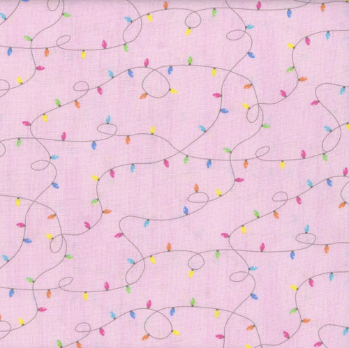 Timeless Treasures Fabrics Homestead Holiday String of Lights Pink, fabric with colorful string lights on a pink background.