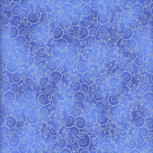 Timeless Treasures Fabrics Ice Winter Scenes Icy Swirls Lapis, blue fabric with intricate white swirling icy patterns.