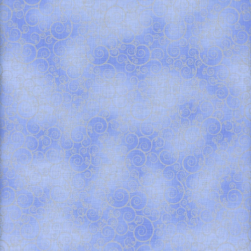 Timeless Treasures Fabrics Ice Winter Scenes Icy Swirls Peri, a fabric with a light blue background featuring a delicate gold icy swirl pattern.
