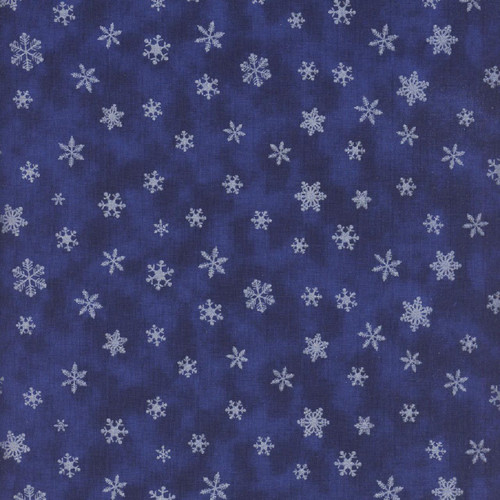 Timeless Treasures Fabrics Ice Winter Scenes Metallic Snowflakes Navy, pattern of silver snowflakes on a navy background.