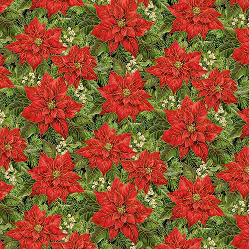 Timeless Treasures Fabrics Joyful Packed Poinsettia Blooms with Holly Green, a festive fabric pattern featuring red poinsettia flowers, green holly leaves, and white berries for holiday decoration.