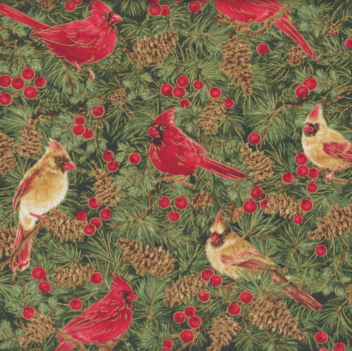 Timeless Treasures Fabrics Joyful Male and Female Cardinals Holly Pine Cardinal, close-up of a festive fabric pattern featuring red cardinals, yellow and brown female cardinals, holly berries, pine cones, and pine needles for holiday decorations and quilting.
