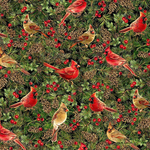 Timeless Treasures Fabrics Joyful Male and Female Cardinals Holly Pine Cardinal