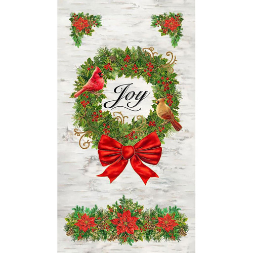 Timeless Treasures Fabrics Joyful Holly Pine Cardinal Bow Wreath Panel Joy, a festive holiday fabric panel with a Christmas wreath decorated with holly, pine, and red berries, featuring birds and a large red bow in the center.