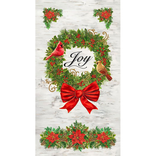 Timeless Treasures Fabrics Joyful Holly Pine Cardinal Bow Wreath Panel Joy