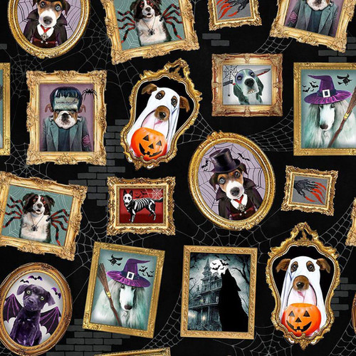 Timeless Treasures Fabrics Pick Your Poison Halloween Dog Halloween Portraits Black, Halloween-themed fabric featuring dog portraits dressed in costumes inside ornate frames with spider webs on a black background.