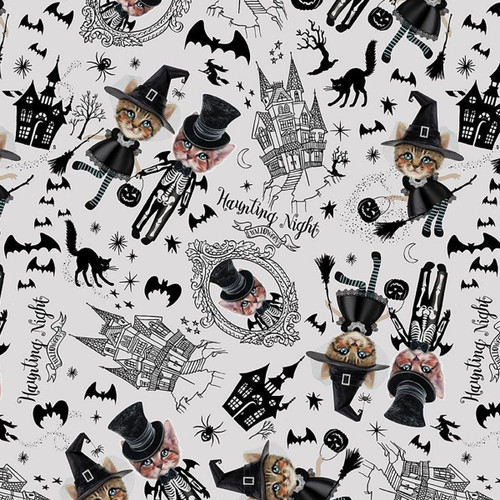 Timeless Treasures Fabrics Pick Your Poison Halloween Costumed Kitties Grey