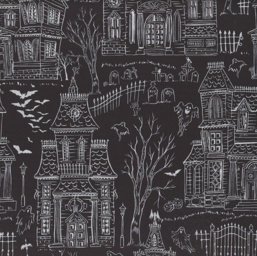 Timeless Treasures Fabrics Pick Your Poison Halloween Haunted House Toile Black, Halloween haunted house and graveyard pattern on black fabric