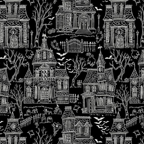 Timeless Treasures Fabrics Pick Your Poison Halloween Haunted House Toile Black